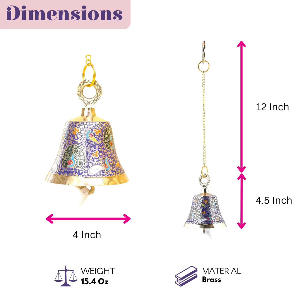 Brass peacock hanging bell with intricate purple and gold floral patterns and chain for temple and spiritual decor