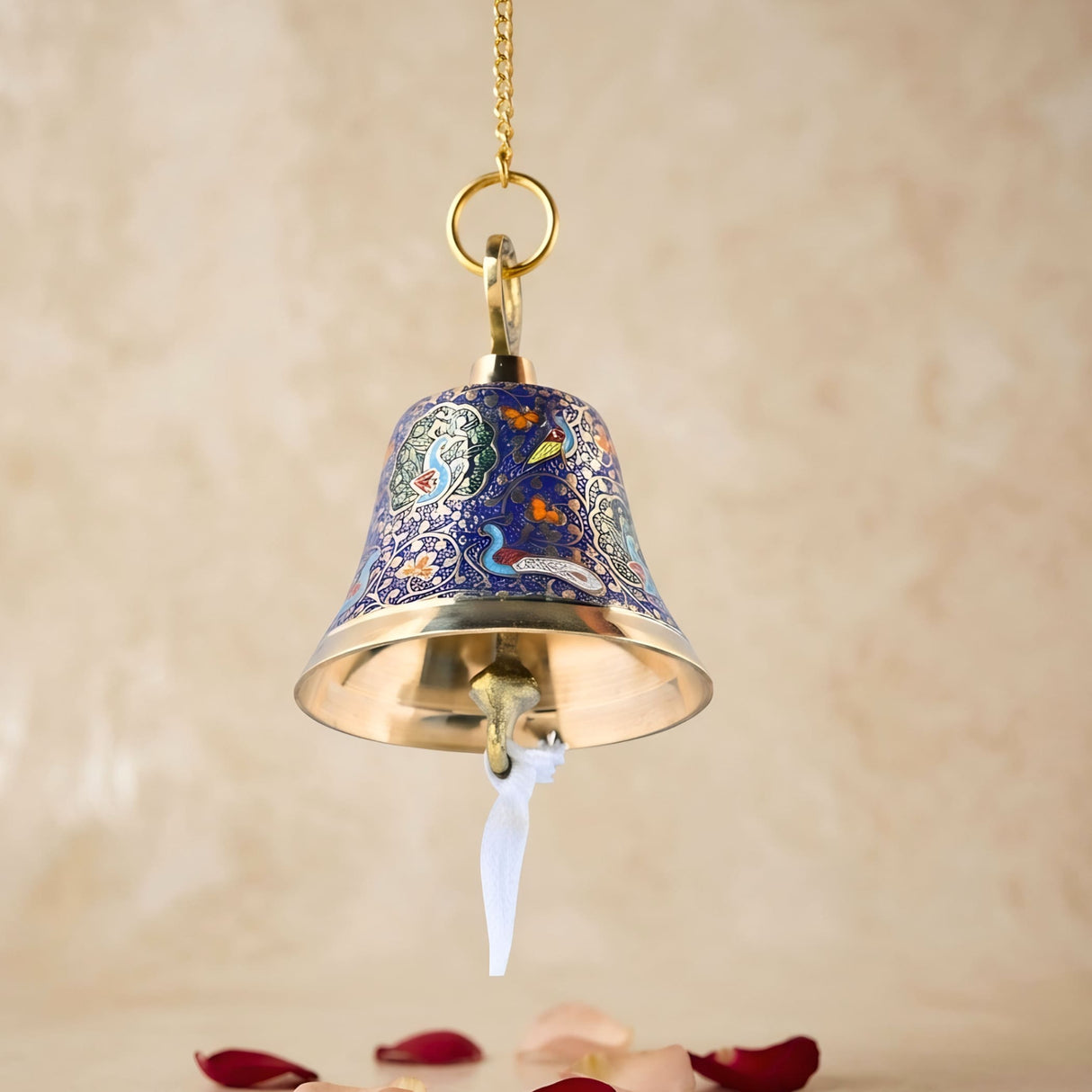 Antique brass hanging bell with chain for temple pooja featuring deep blue enamel and multicolored paisley patterns