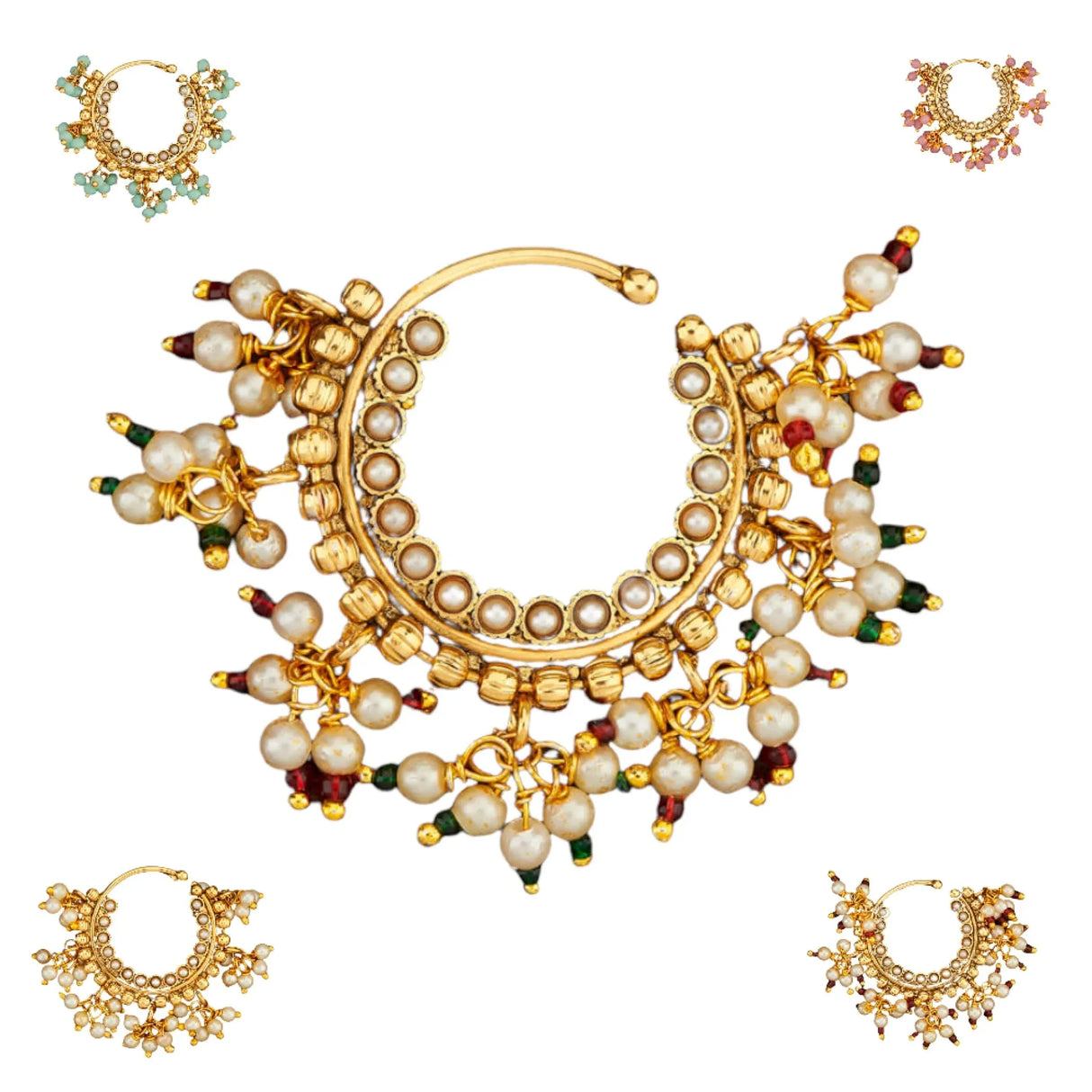 Indian Marathi Nath for Women - Indian Golden Pressing Moon Marathi Nose Ring Indian Jewelry Clip-On Marathi Bridal Nathani Bollywood Faux Pearl Non-Piercing Jewelry for Women Gift For Her - LoveNspire