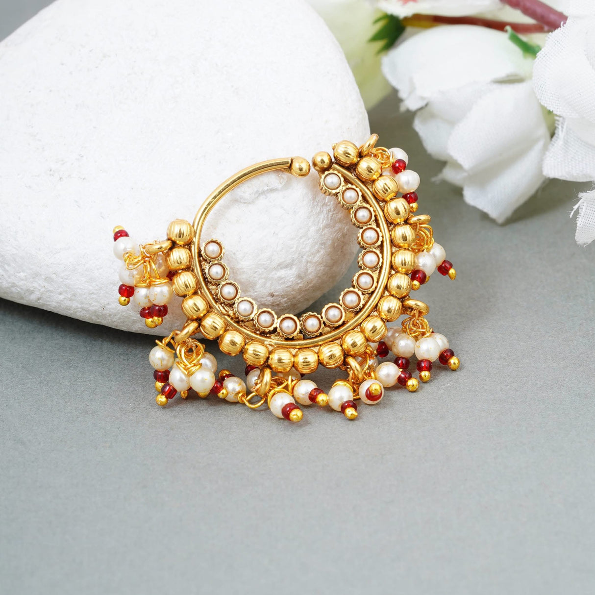 Indian Marathi Nath for Women - Indian Golden Pressing Moon Marathi Nose Ring Indian Jewelry Clip-On Marathi Bridal Nathani Bollywood Faux Pearl Non-Piercing Jewelry for Women Gift For Her - LoveNspire