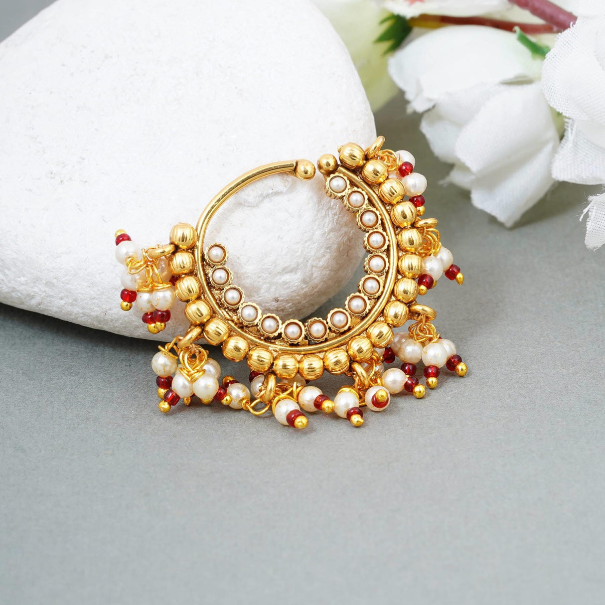 Indian Marathi Nath for Women - Indian Golden Pressing Moon Marathi Nose Ring Indian Jewelry Clip-On Marathi Bridal Nathani Bollywood Faux Pearl Non-Piercing Jewelry for Women Gift For Her - LoveNspire