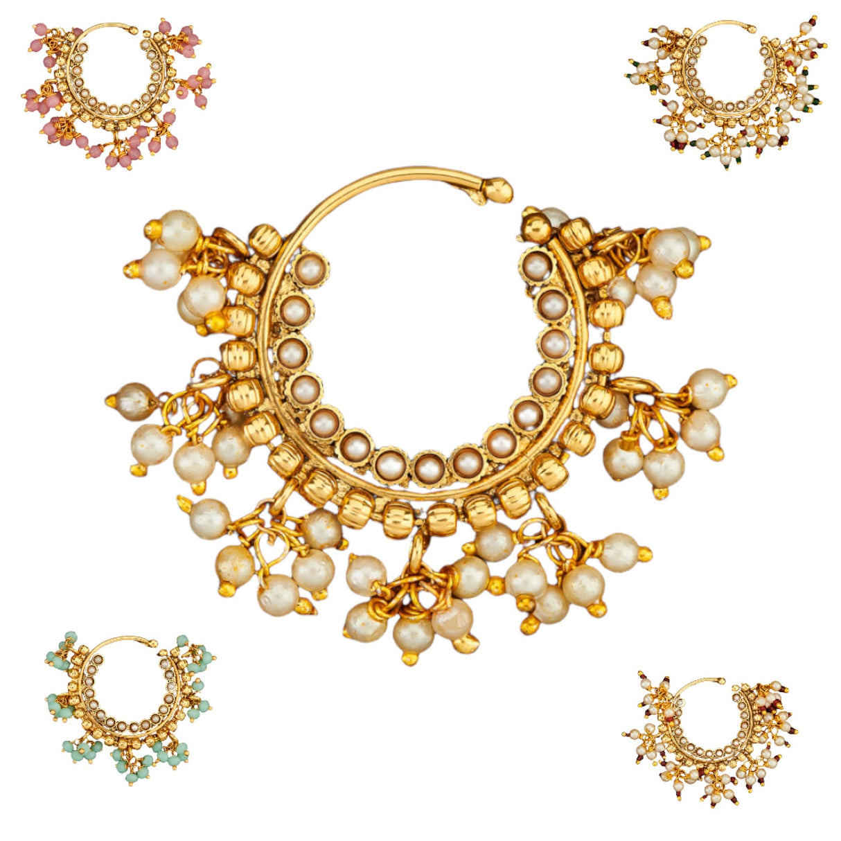 Indian Marathi Nath for Women - Indian Golden Pressing Moon Marathi Nose Ring Indian Jewelry Clip-On Marathi Bridal Nathani Bollywood Faux Pearl Non-Piercing Jewelry for Women Gift For Her - LoveNspire
