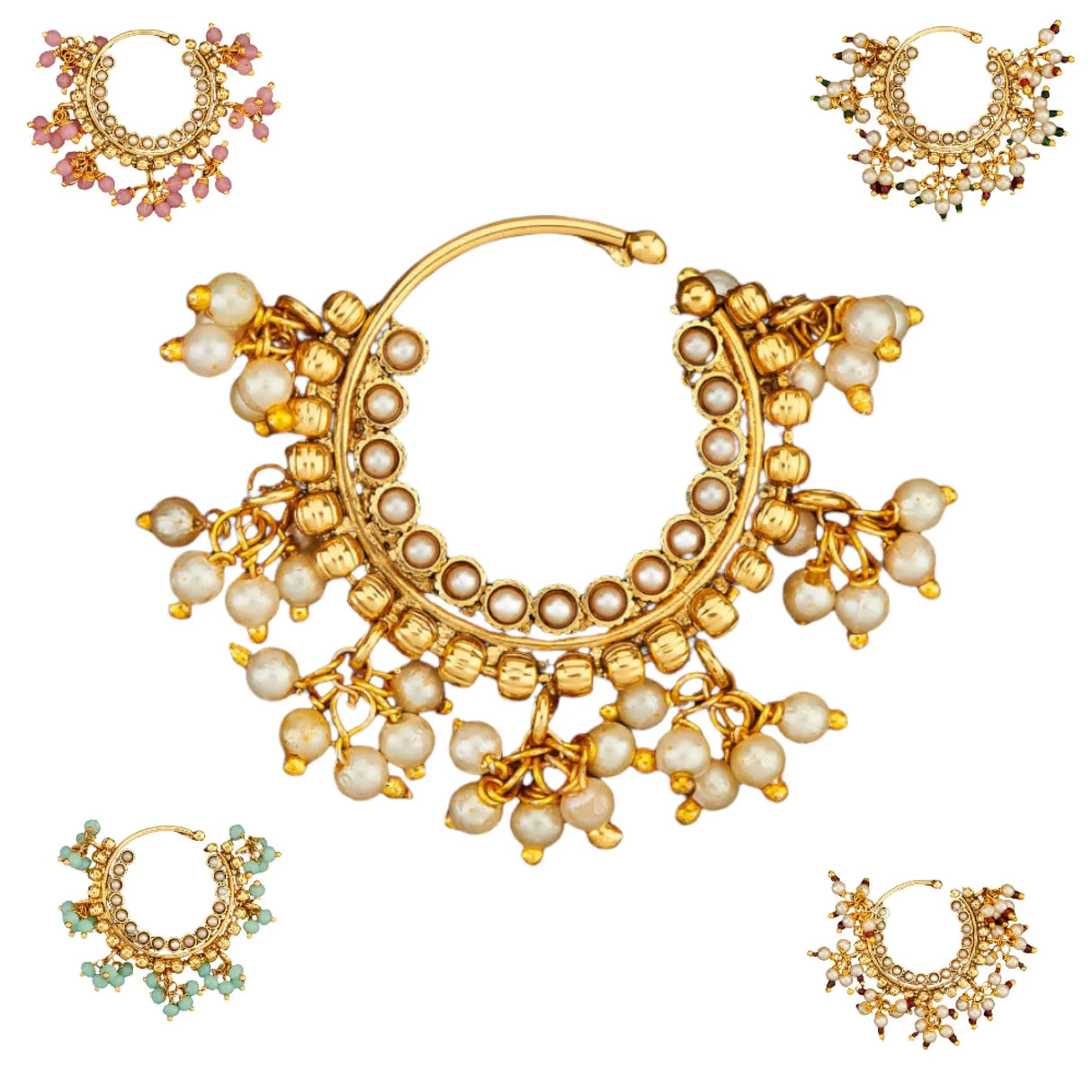 Indian Marathi Nath for Women - Indian Golden Pressing Moon Marathi Nose Ring Indian Jewelry Clip-On Marathi Bridal Nathani Bollywood Faux Pearl Non-Piercing Jewelry for Women Gift For Her - LoveNspire