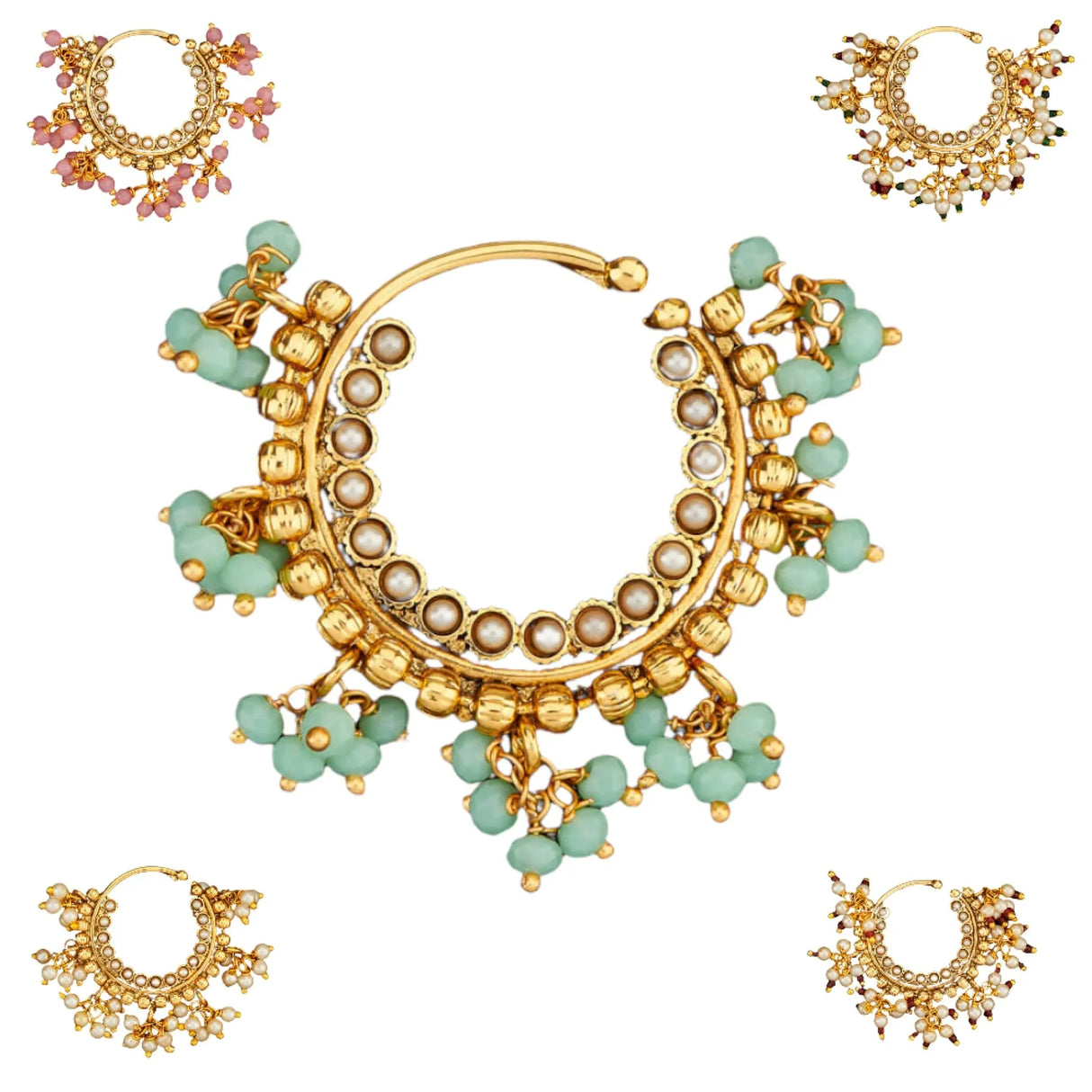 Indian Marathi Nath for Women - Indian Golden Pressing Moon Marathi Nose Ring Indian Jewelry Clip-On Marathi Bridal Nathani Bollywood Faux Pearl Non-Piercing Jewelry for Women Gift For Her - LoveNspire