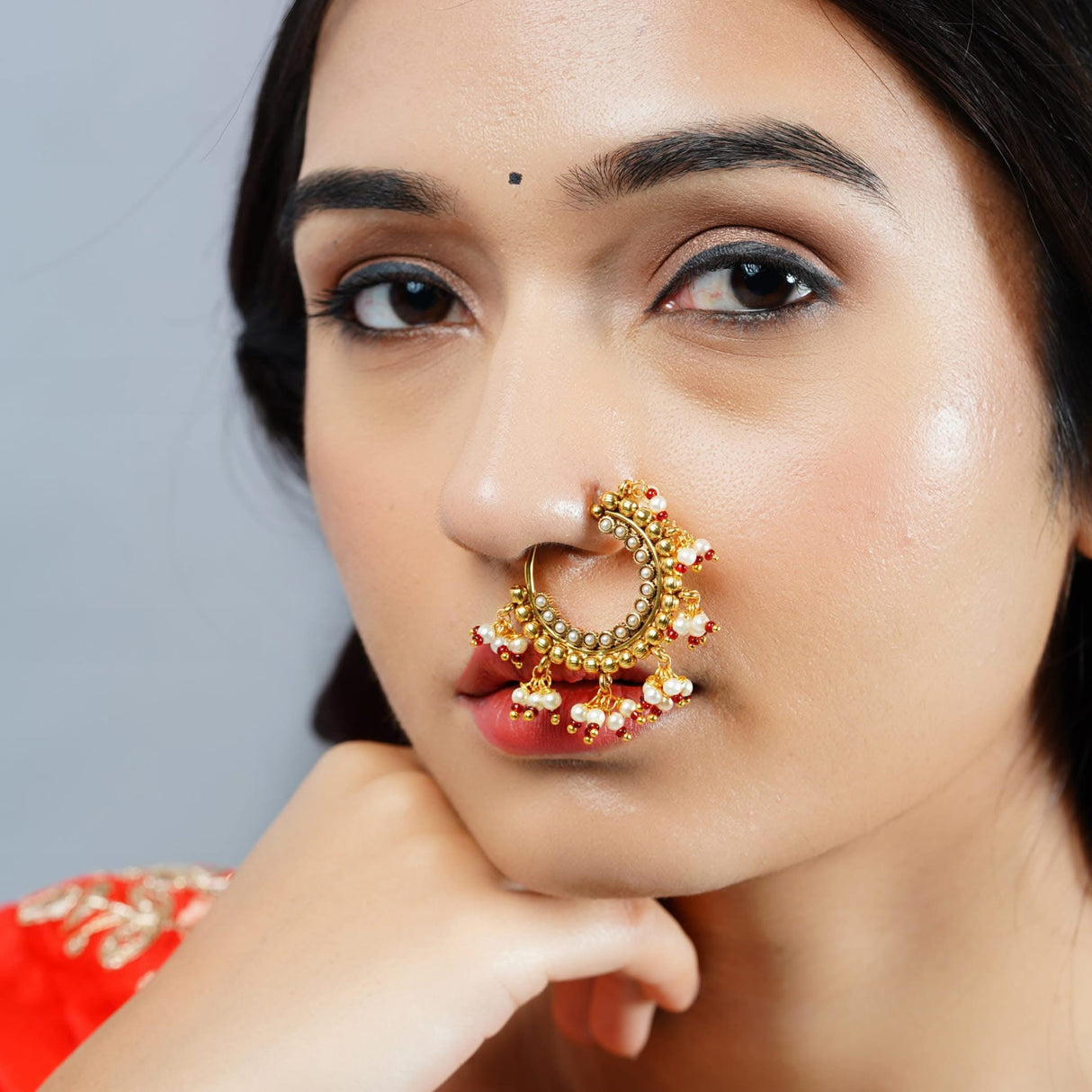 Indian Marathi Nath for Women - Indian Golden Pressing Moon Marathi Nose Ring Indian Jewelry Clip-On Marathi Bridal Nathani Bollywood Faux Pearl Non-Piercing Jewelry for Women Gift For Her - LoveNspire