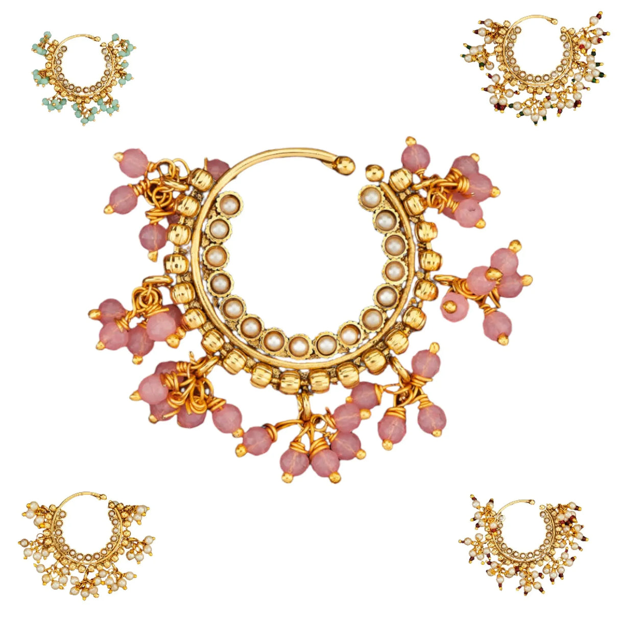 Indian Marathi Nath for Women - Indian Golden Pressing Moon Marathi Nose Ring Indian Jewelry Clip-On Marathi Bridal Nathani Bollywood Faux Pearl Non-Piercing Jewelry for Women Gift For Her - LoveNspire