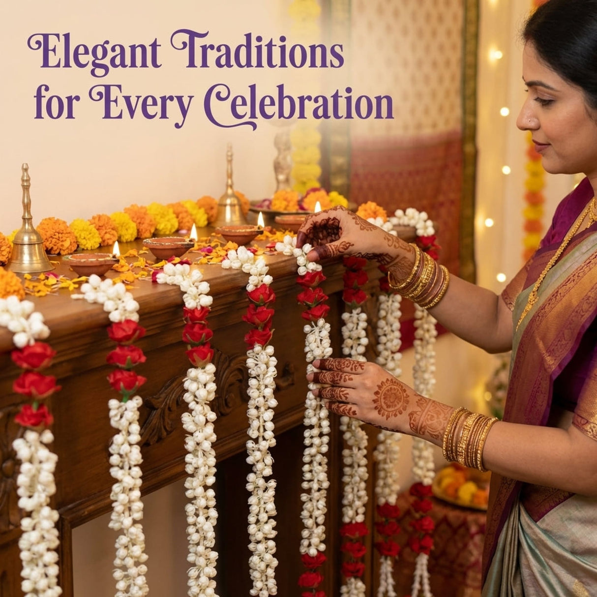 Woman with henna hands and gold bangles arranges artificial jasmine rose garlands on altar