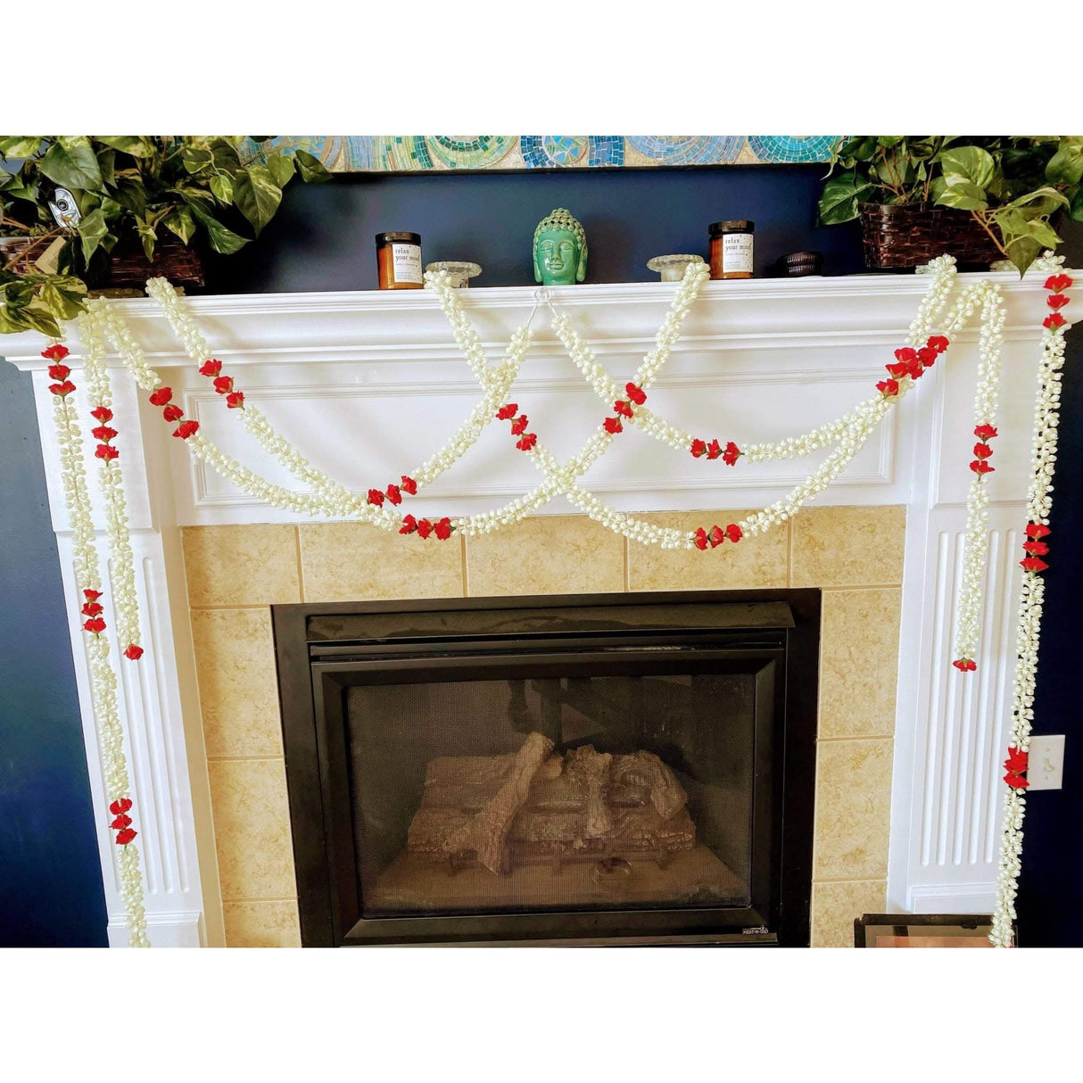 Artificial Jasmine Buds Rose Garland 4 Strings for Festivals Pooja Indian Muslim Wedding Housewarming Diwali Decorations Eid Decoration Mehndi Party Day of the Dead Door Hanging Decor - LoveNspire