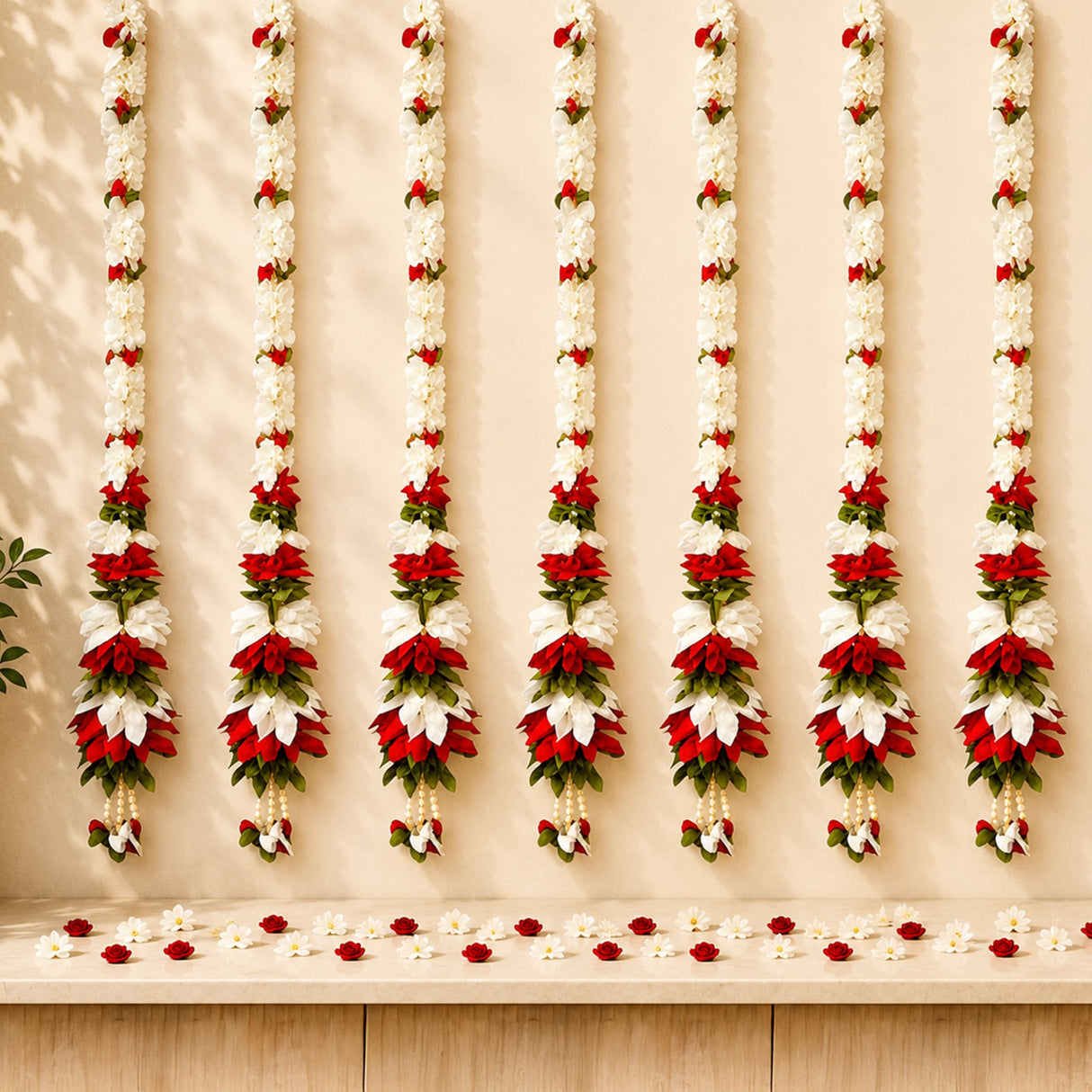Set of 2 strings artificial fabric jasmine flower garlands in red and white with green leaves for diwali and wedding decor