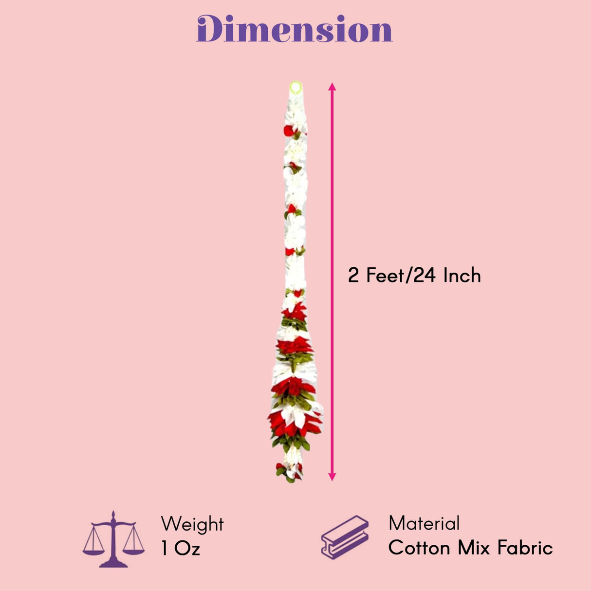 A 2-foot floral garland of white and red cotton mix fabric flowers with green leaves for Indian Diwali and wedding decor