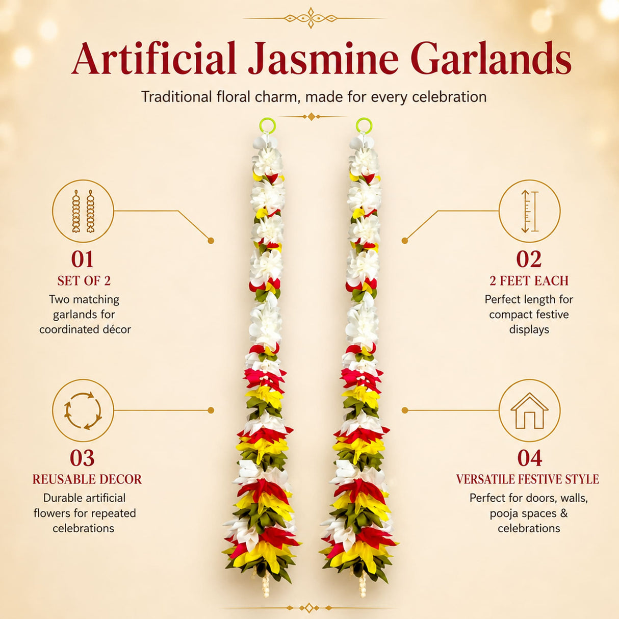 Set of 2 strings artificial fabric jasmine flower garlands 2 feet long with white red yellow green flowers for diwali decor