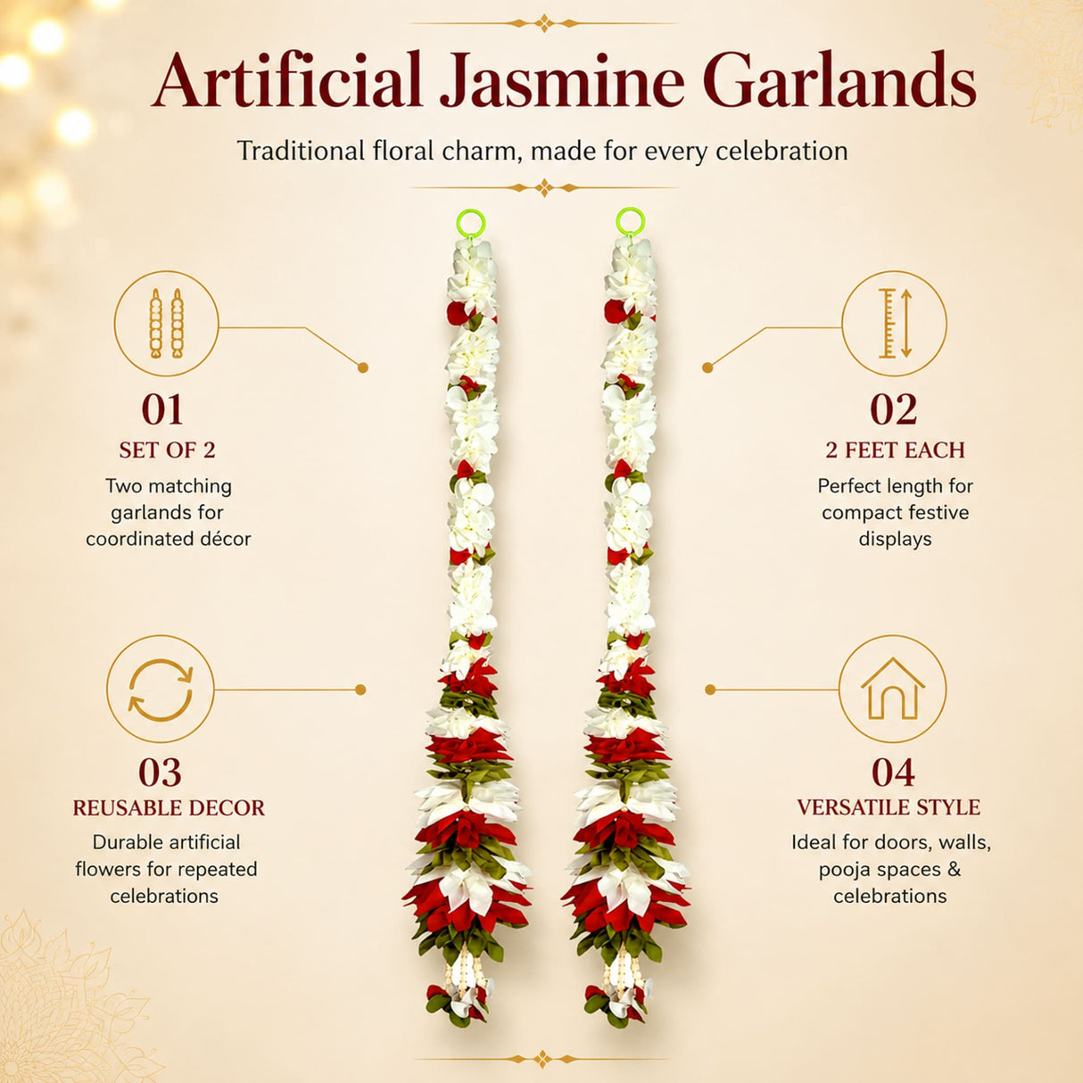 Set of 2 strings artificial fabric jasmine flower garlands in white and red 2 feet long for diwali and wedding decor