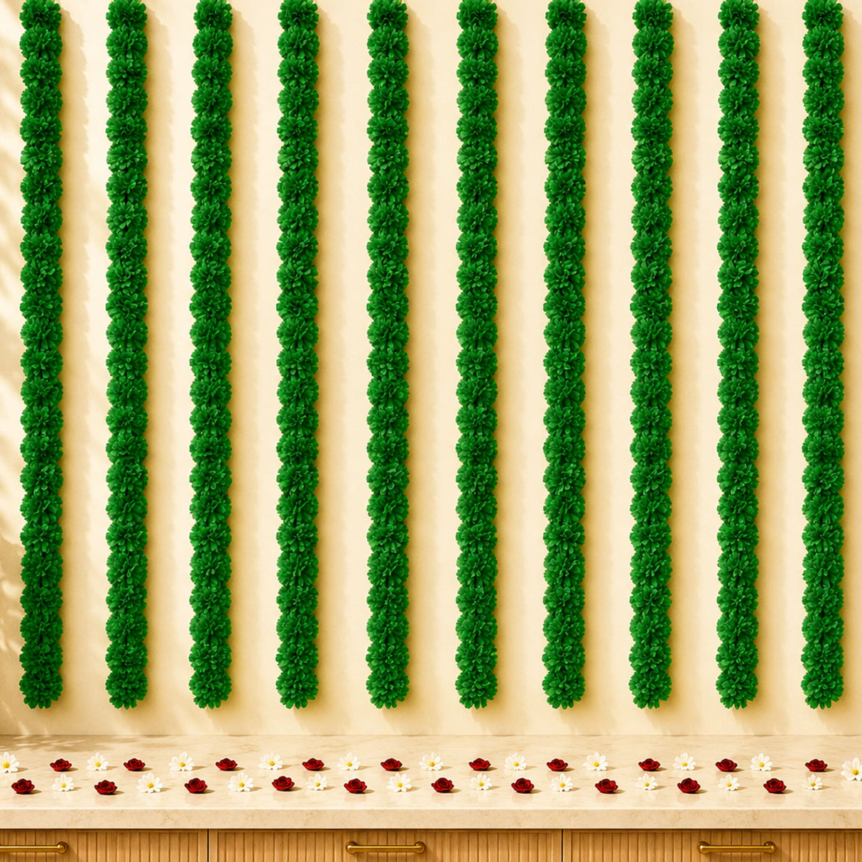 Artificial marigold strings with green floral garlands and red white petals for diwali and day of the dead decor