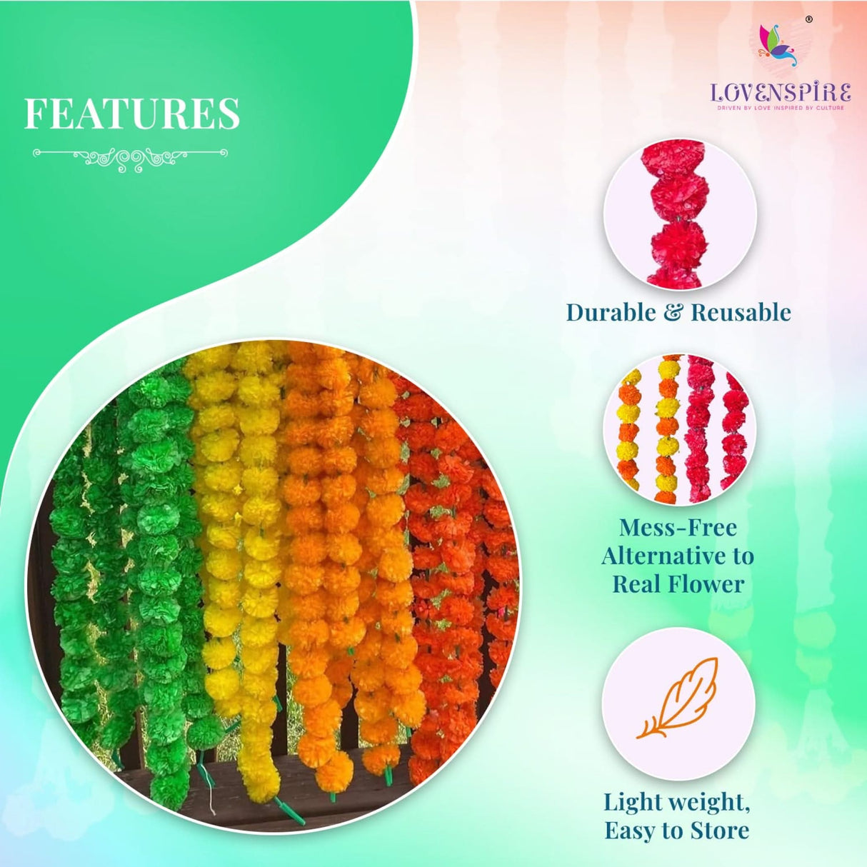 5 Strings Artificial Marigold Flowers Garland for Home Party Door Hanging Diwali Navratri Decorations Day of the Dead Dia De Los Muertos Ofrenda Halloween Mexican Fiesta Party Decor - LoveNspire