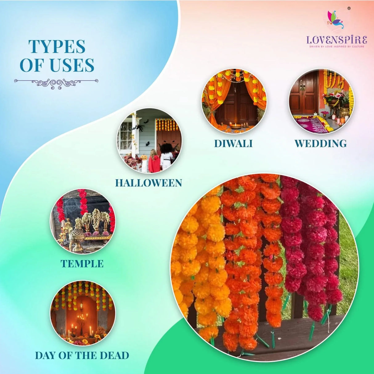 5 Strings Artificial Marigold Flowers Garland for Home Party Door Hanging Diwali Navratri Decorations Day of the Dead Dia De Los Muertos Ofrenda Halloween Mexican Fiesta Party Decor - LoveNspire