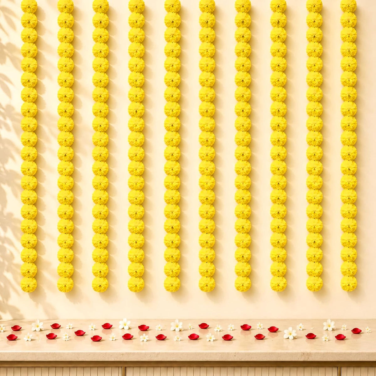 Set of 5 strings artificial yellow marigold garland arranged in vertical lines for wedding and festive decorations