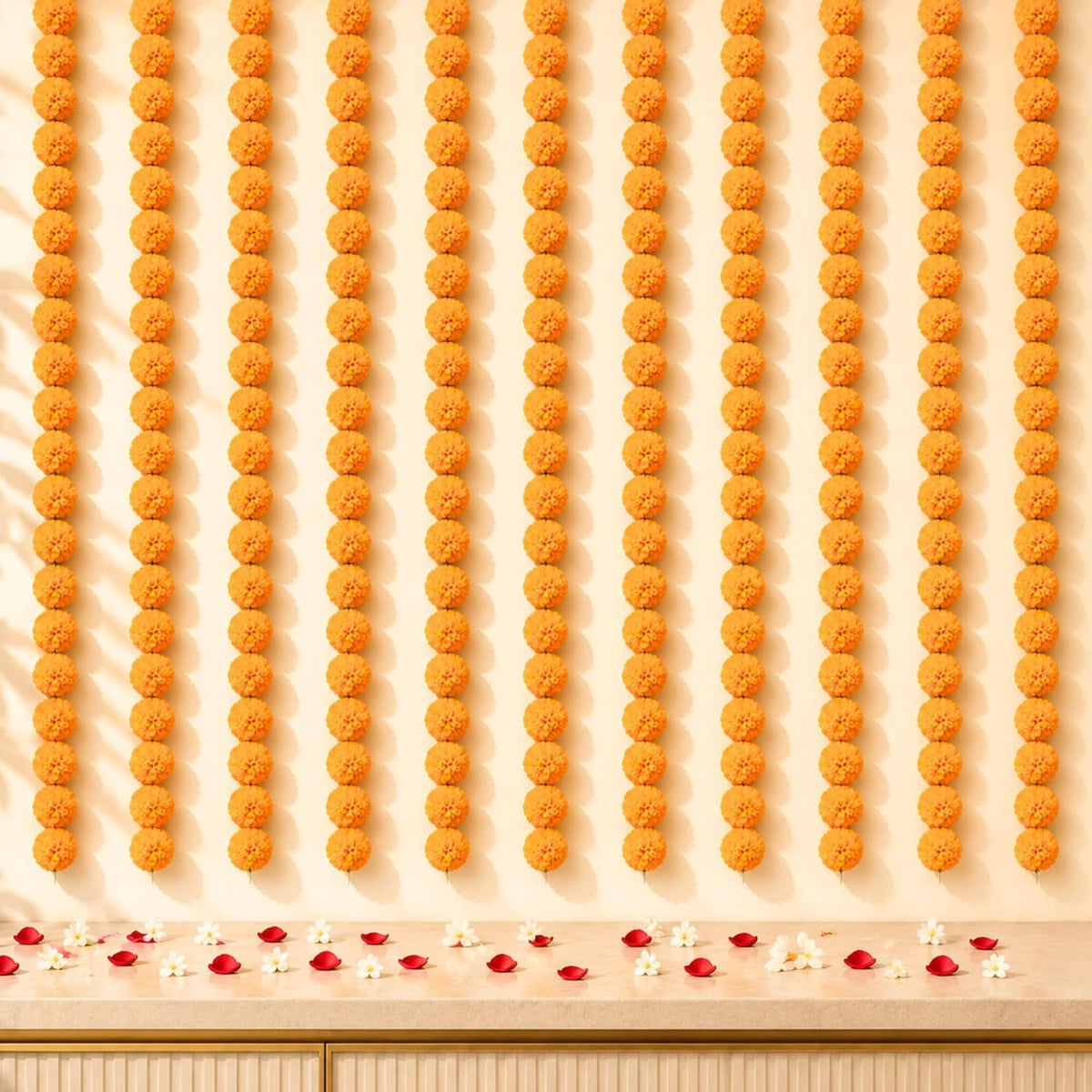 Set of 5 strings artificial orange marigold garlands hanging with red and white petals for wedding and home decor