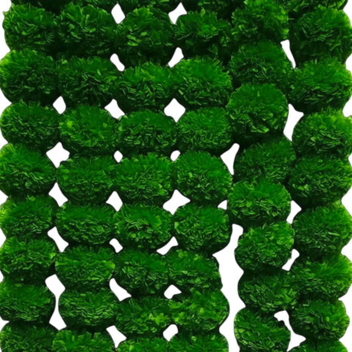 Set of 5 strings artificial marigold garland with green moss pom-poms arranged in a grid for wedding and home decor