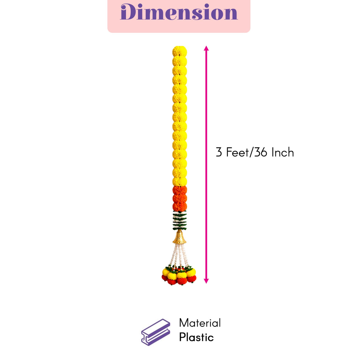 Artificial marigold garland 3 feet long plastic with yellow orange gradient and green accents for festive decorations