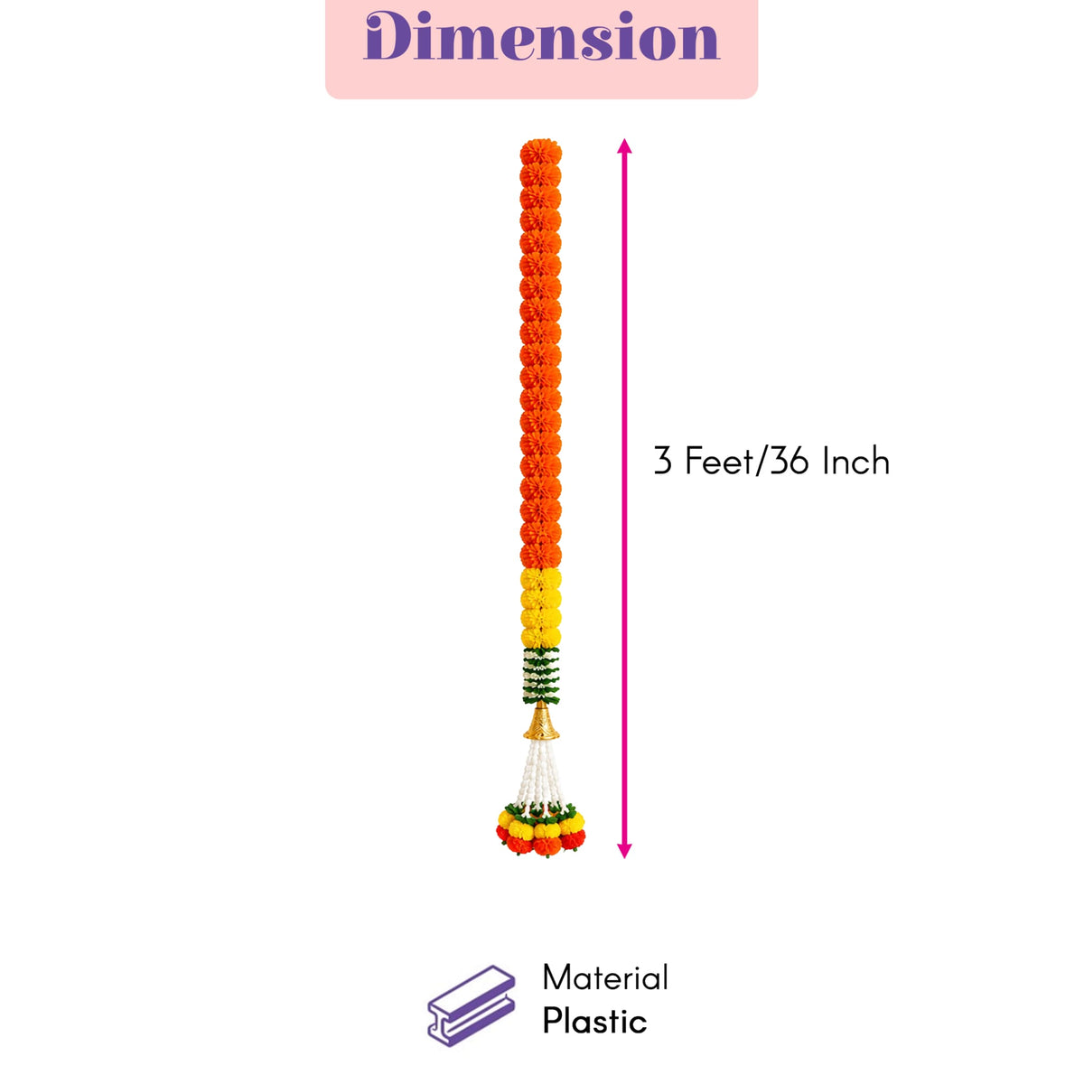 Artificial marigold garland with orange yellow and green plastic blossoms and tassel for festive Indian decor