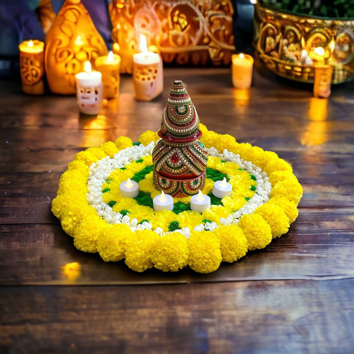 Ugadi Decor Decorative Flower Rangoli Artificial Marigold Rangoli Indian Wedding Favor Housewarming Pooja Diwali Festive Decor Religious Temple Item Return Gift - LoveNspire