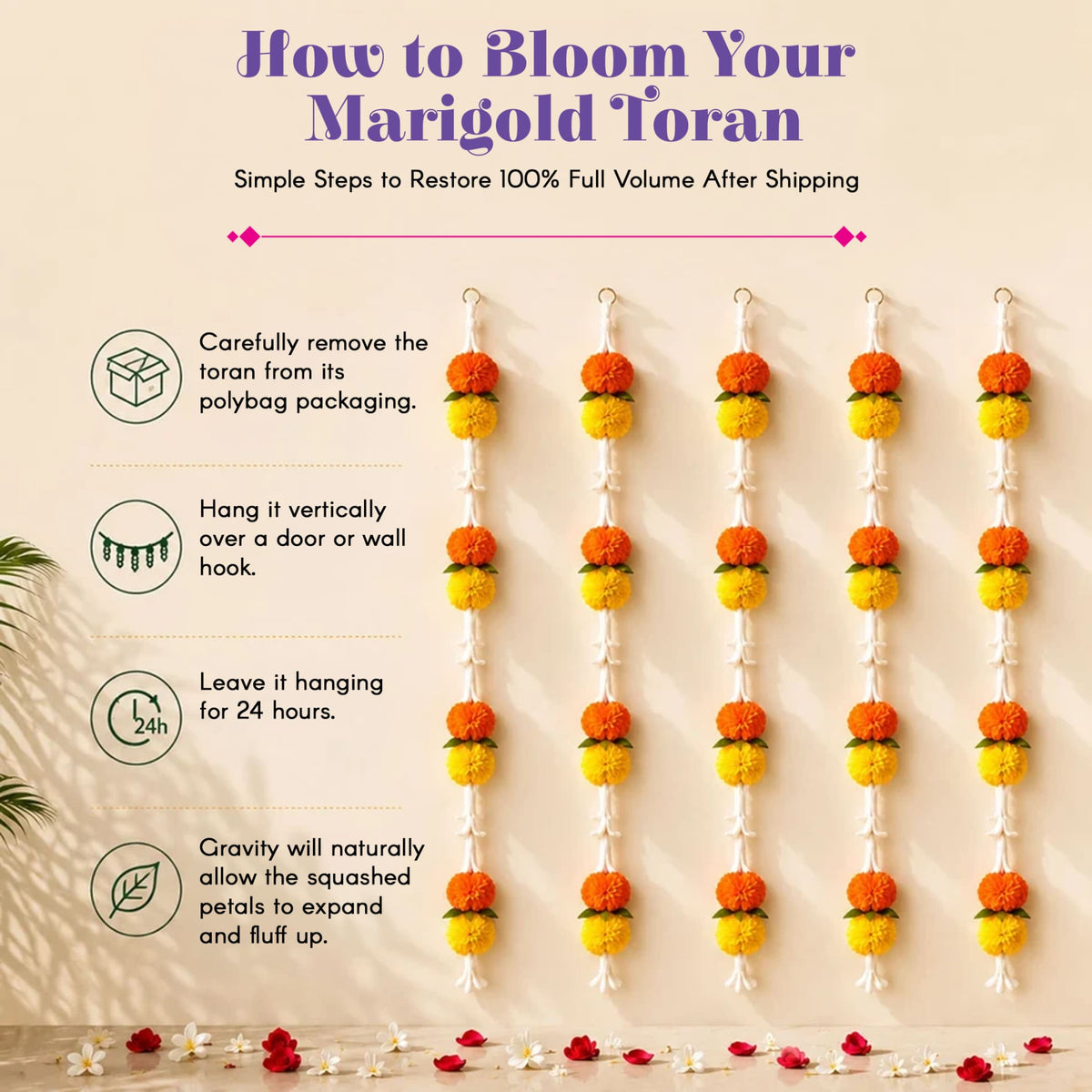 A vibrant orange and yellow artificial marigold and tuberose flower garland with green leaves for indoor and outdoor decor