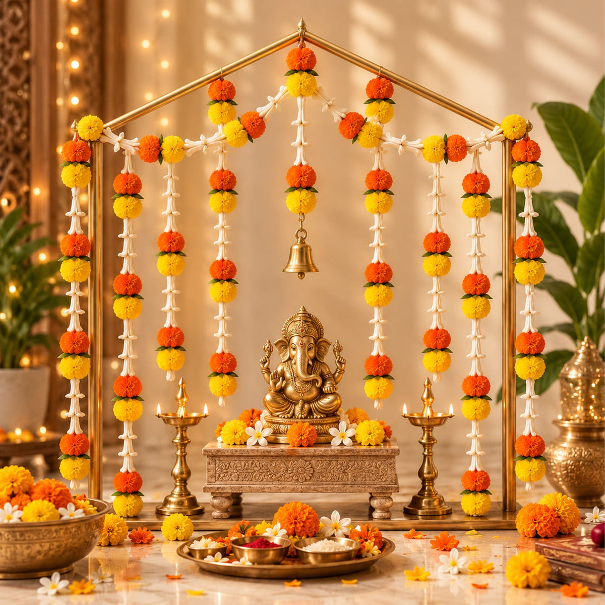 Golden ganesha idol seated on ornate pedestal with vibrant orange and yellow artificial marigold and tuberose garlands