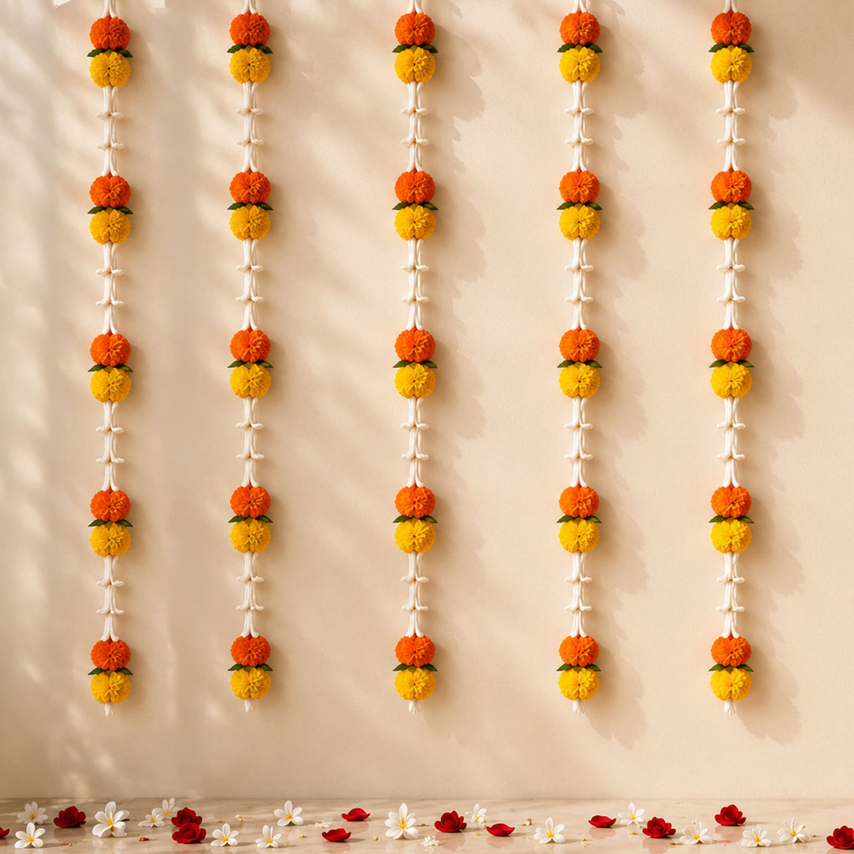 Set of 5 artificial orange and yellow marigold and white tuberose flower garlands with plastic connectors for indoor outdoor decor