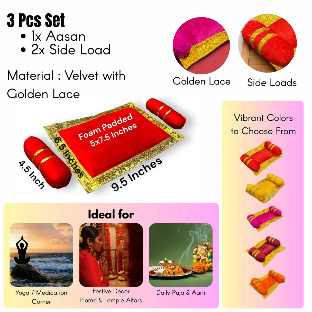 Laddu Gopal Velvet Asan Takiya Pillow Set for Lord Ganesha, Krishna, Kanha Ji, Bal Gopal God Goddess Idol Soft Mattress Cushion/gadda Bed Cum Aasan Set (9.5x6.5 Inch) - LoveNspire