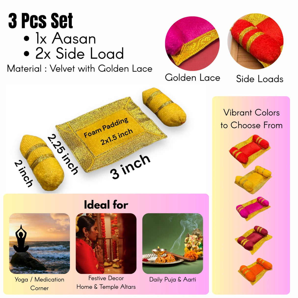 4x Mini Laddu Gopal Velvet Asan Takiya Pillow Set for Lord Ganesha, Krishna, Kanha Ji, Bal Gopal God Goddess Idol Soft Mattress Cushion/gadda Bed Cum Aasan Set (3x2.25 Inch) - LoveNspire