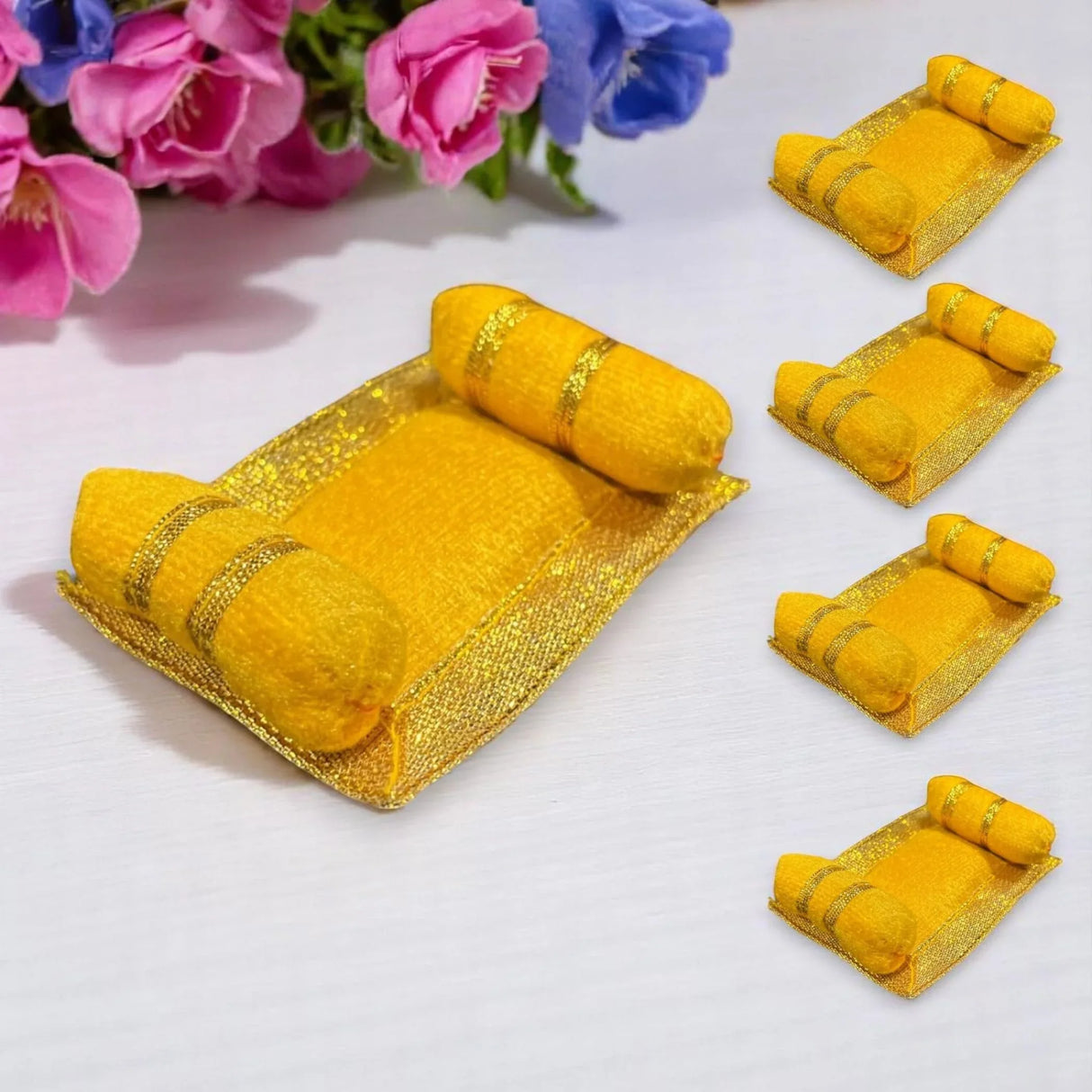 4x Mini Laddu Gopal Velvet Asan Takiya Pillow Set for Lord Ganesha, Krishna, Kanha Ji, Bal Gopal God Goddess Idol Soft Mattress Cushion/gadda Bed Cum Aasan Set (3x2.25 Inch) - LoveNspire