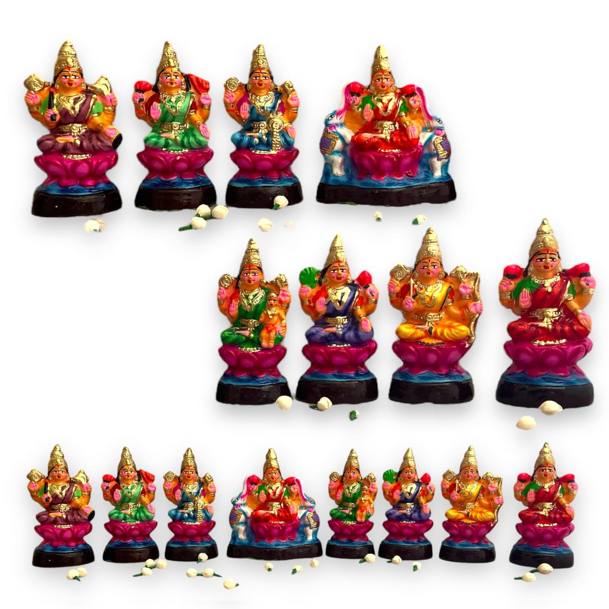 Colorful Lakshmi figurines on lotus pedestals for Navratri Golu and Diwali decorations