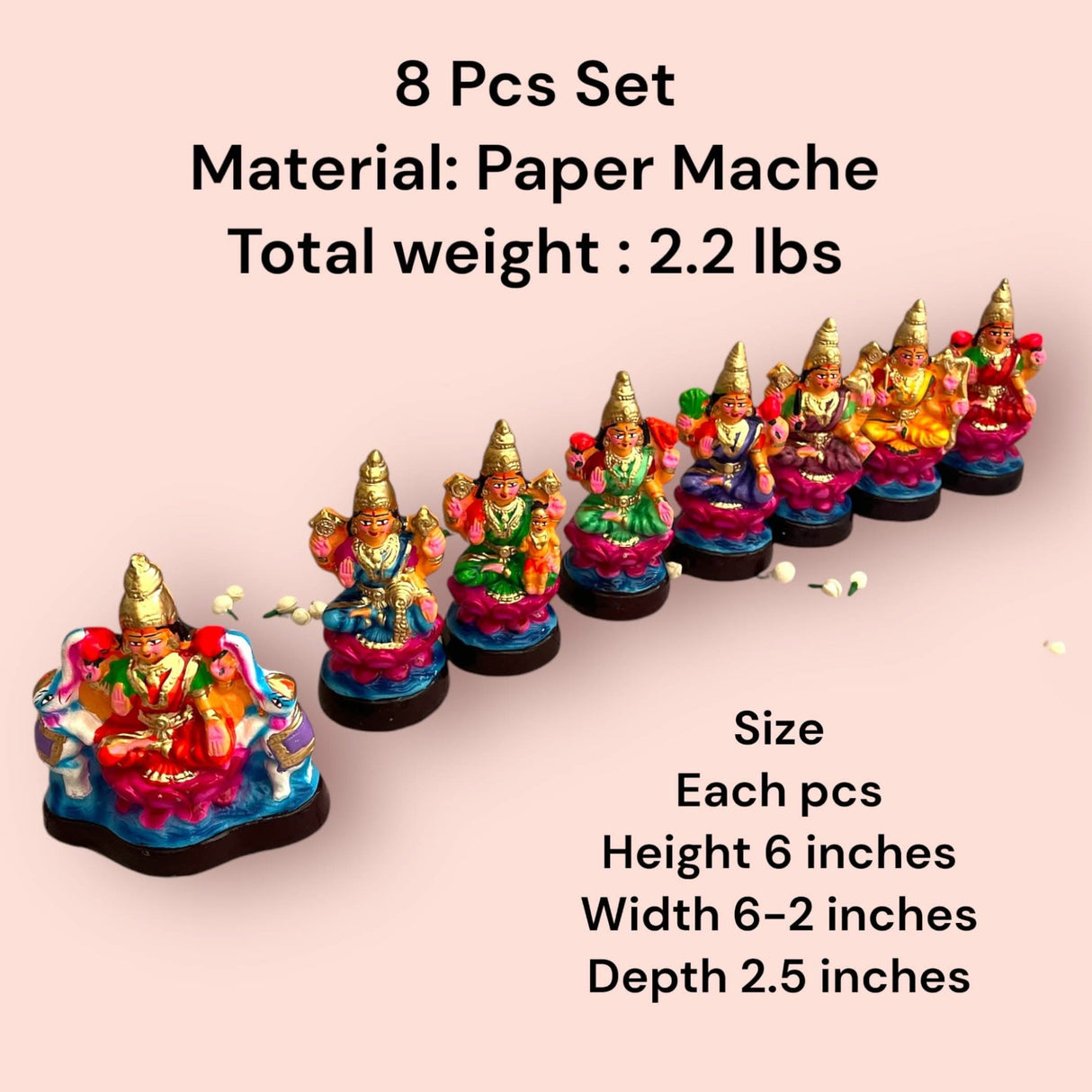 Eight handmade paper mache Lakshmi statues for Navratri Golu Diwali Puja and home decor