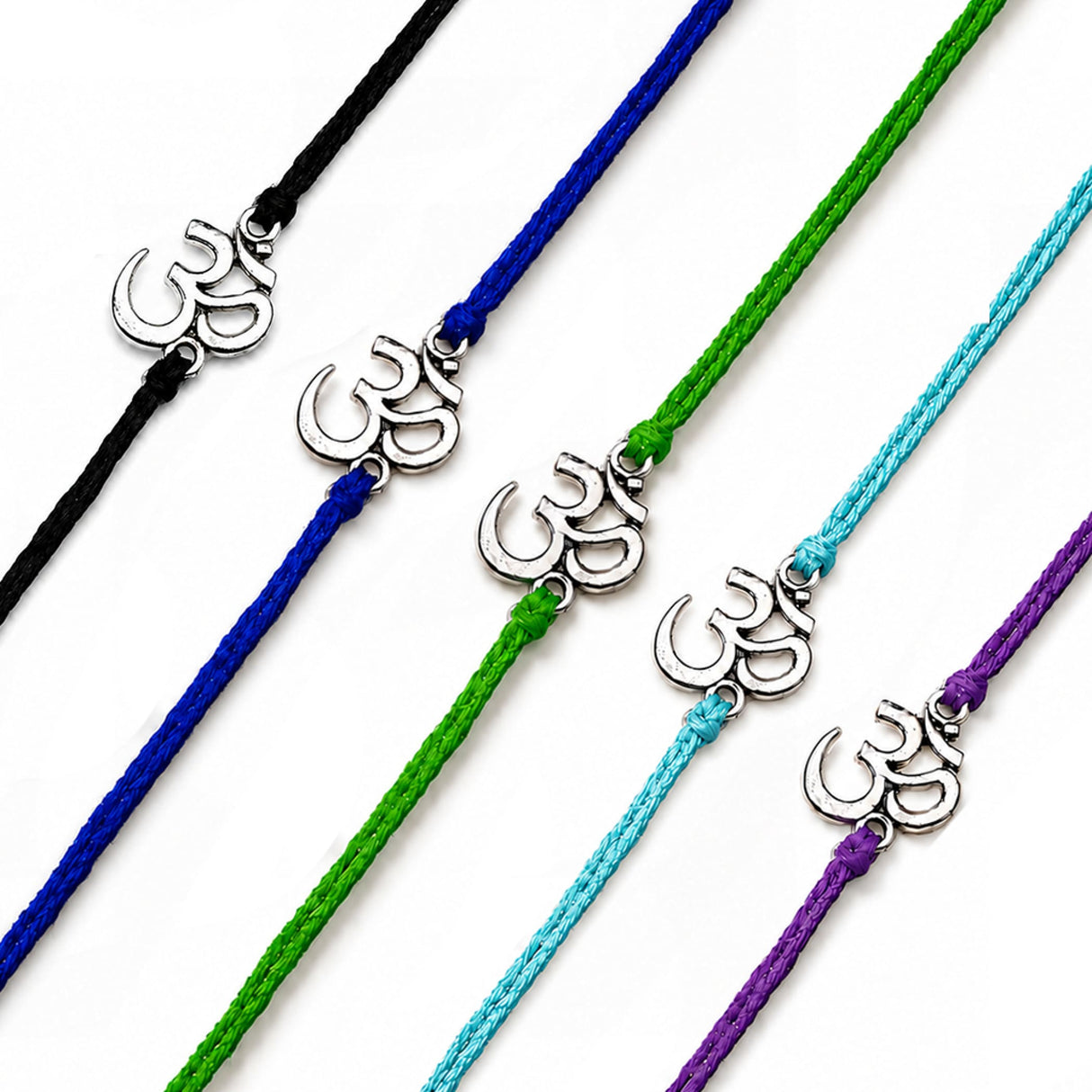 Silver om symbol charms on colorful braided cords om rakhi for brother spiritual thread for protection and good luck