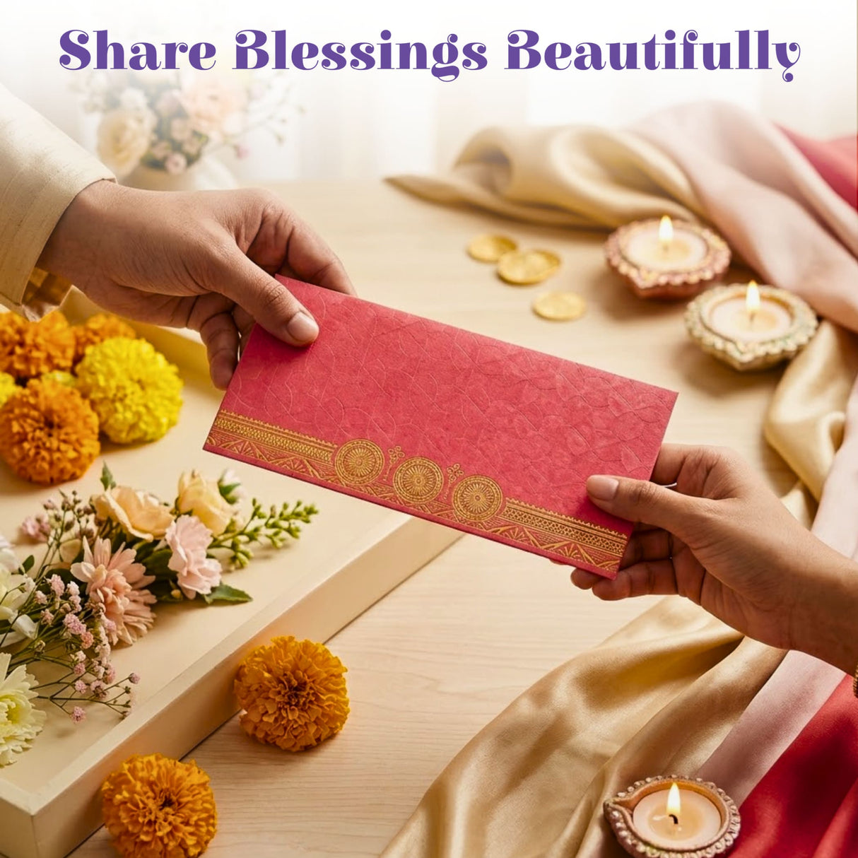 A vibrant red money envelope with intricate gold circular patterns for Indian wedding cash gifts and home savings