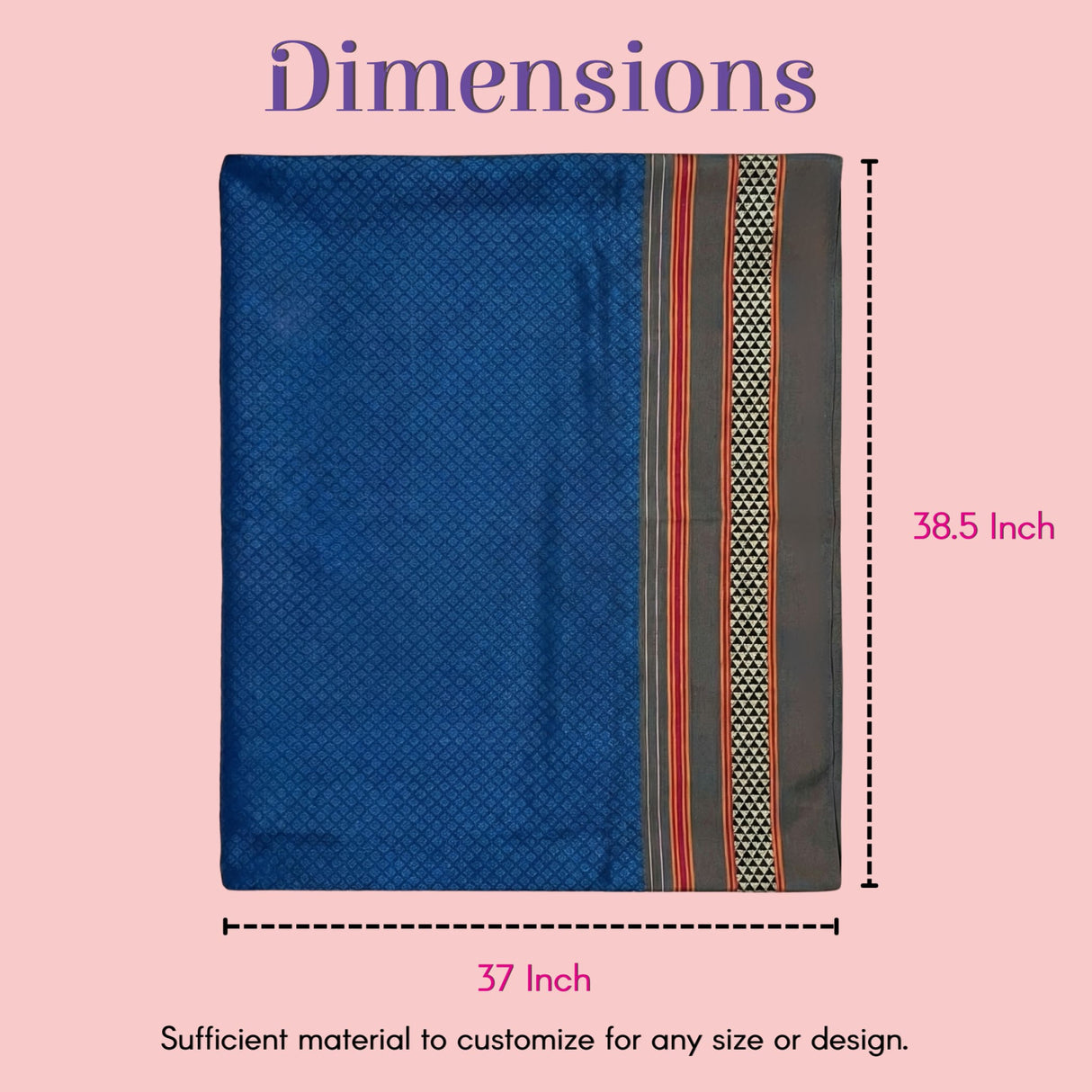 Rich blue silk Khun pattern scarf with diamond design and colorful striped border