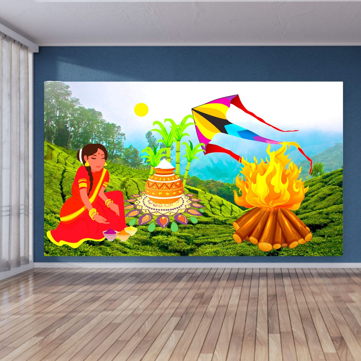 Happy Lohri Backdrop Banner - Indian Traditional Cloth 5x8 Feet Backdrop Pongal Backdrop Makar Sankranti Decor Wall Art Photo Decor Banner Indian Harvesting Festival Bonfire Photography - LoveNspire