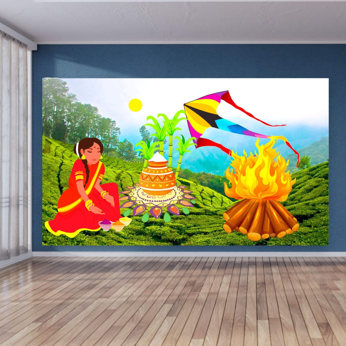 Happy Lohri Backdrop Banner - Indian Traditional Cloth 5x8 Feet Backdrop Pongal Backdrop Makar Sankranti Decor Wall Art Photo Decor Banner Indian Harvesting Festival Bonfire Photography - LoveNspire