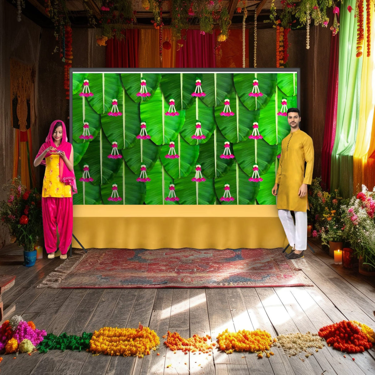 Banana Leaf Backdrop 5x8 Feet Backdrop Indian Traditional Cloth Backdrop Pooja Backdrop Indian Wall Art Photo Decor Banner Diwali Decor Wedding Backdrop Decorative Pooja Cloth - LoveNspire