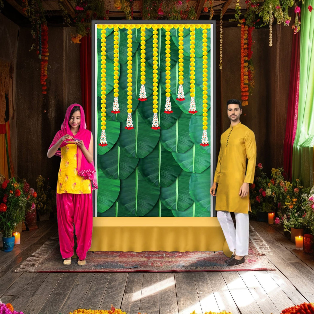 Banana Leaf with Marigold Backdrop Indian Traditional Cloth 5x8 Feet Backdrop Pooja Backdrop Indian Wall Art Photo Decor Banner Diwali Decor Wedding Backdrop Decorative Cloth - LoveNspire
