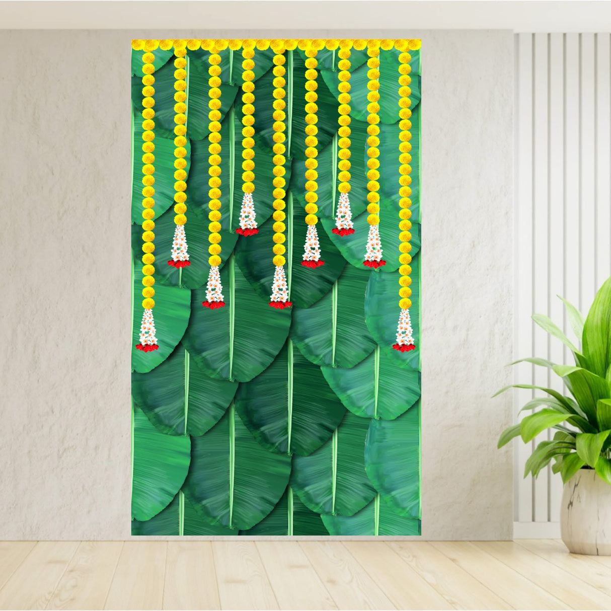 Banana Leaf with Marigold Backdrop Indian Traditional Cloth 5x8 Feet Backdrop Pooja Backdrop Indian Wall Art Photo Decor Banner Diwali Decor Wedding Backdrop Decorative Cloth - LoveNspire