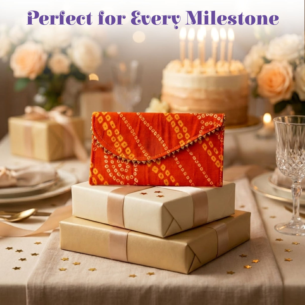 Vibrant orange brocade fabric money envelope with geometric pattern and decorative beaded edge for Indian weddings