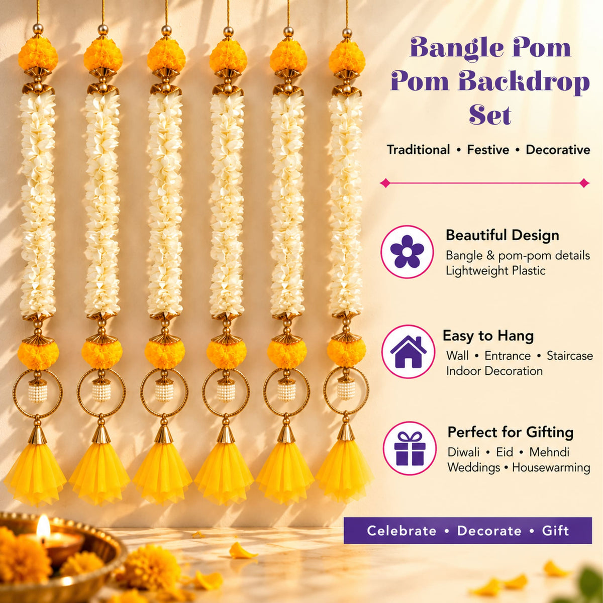 Bangle pom pom hanging backdrop garland in yellow and white with gold-toned metal accents for festive and wedding decor