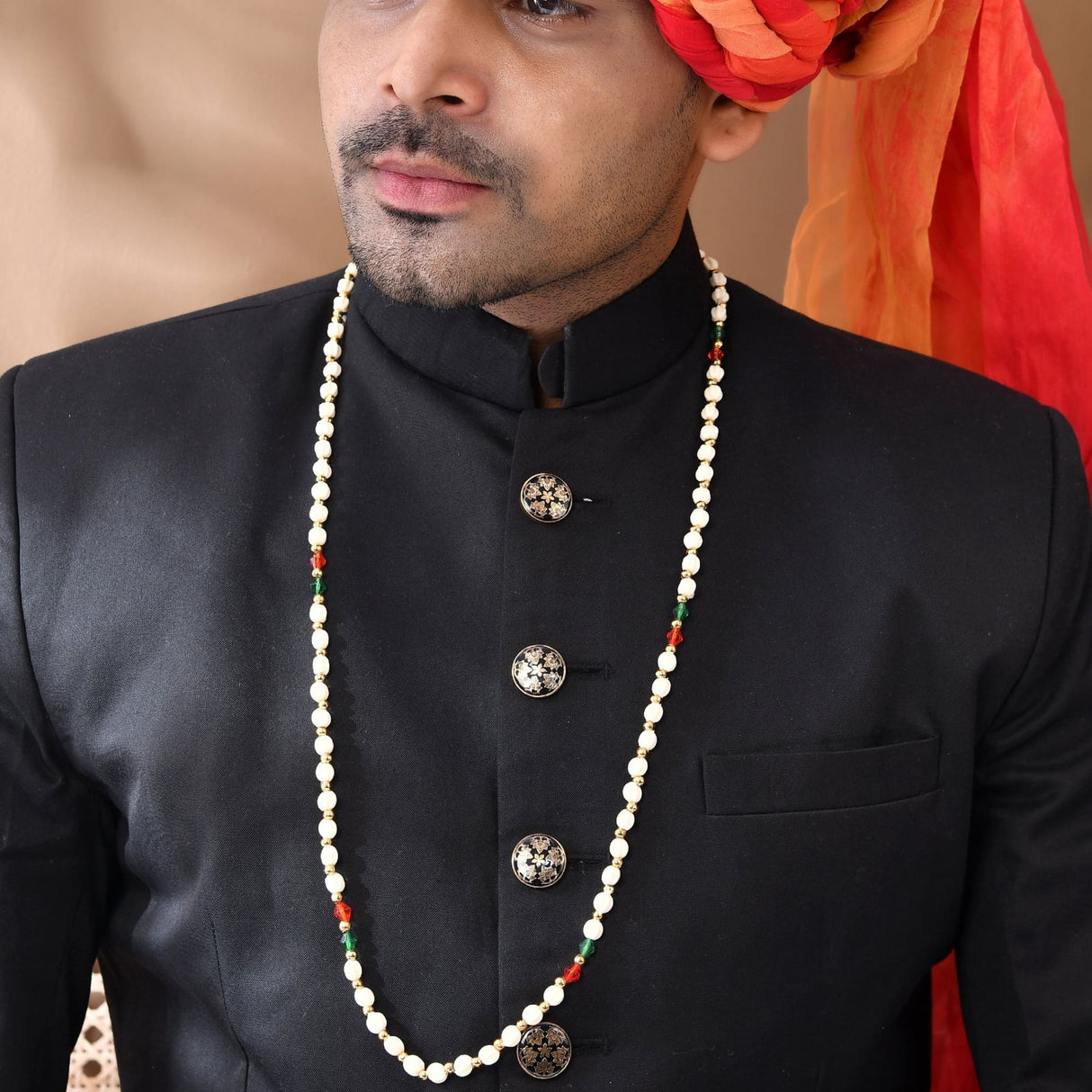 Handmade black silver sherwani with white pearl milni mala necklace