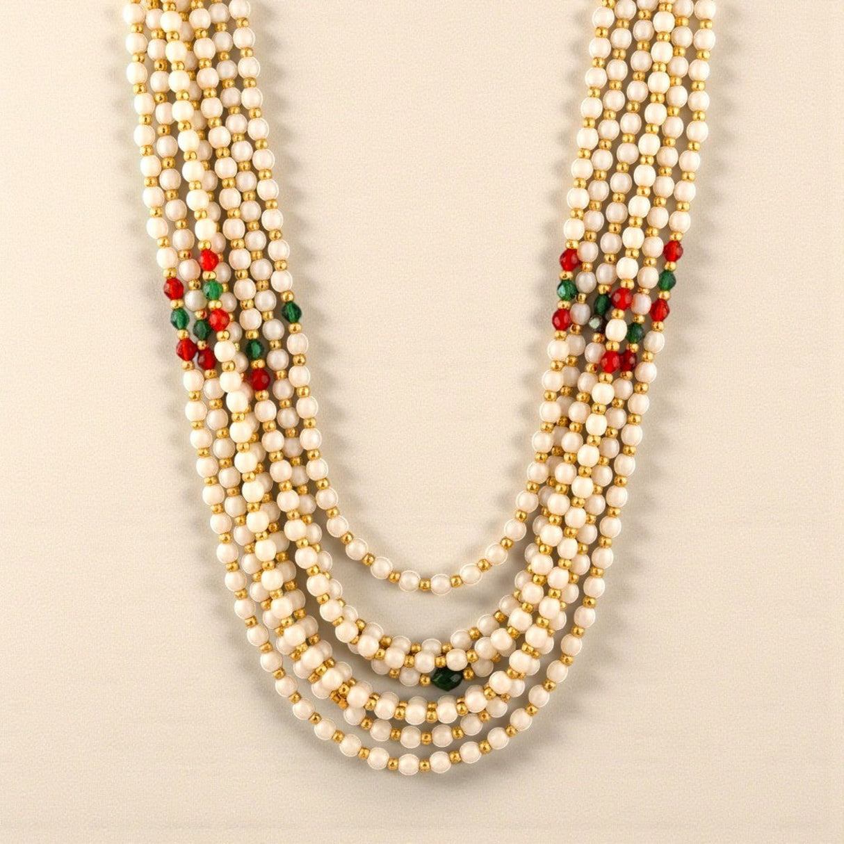 Handmade Barati Swagat Mala: Multi-strand pearl necklace with red, green, gold accents