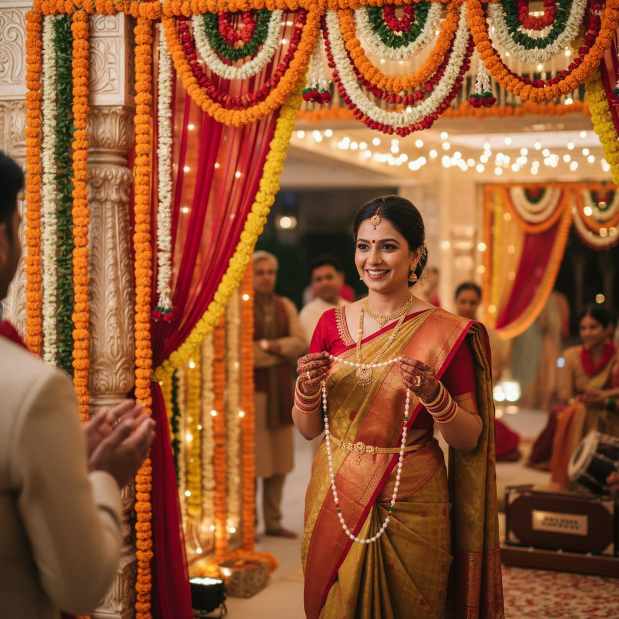 Handmade artificial pearl milni mala in gold red saree with intricate embroidery