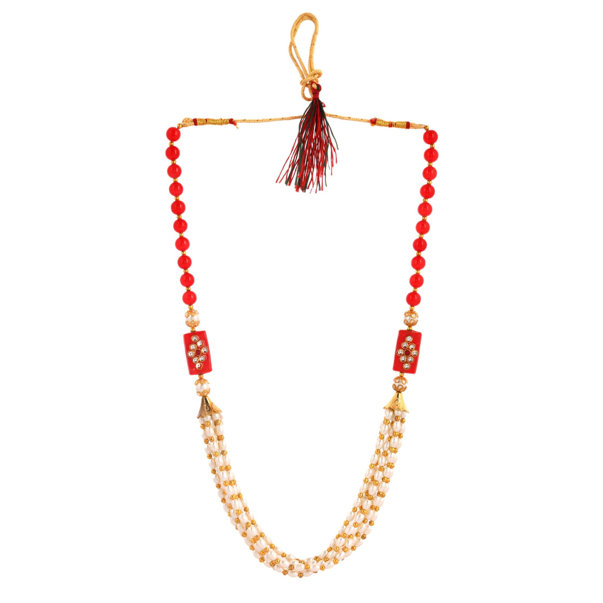 6/24 Ct. Barati Swagat Mala artificial moti pearl necklace with red beads and gold accents
