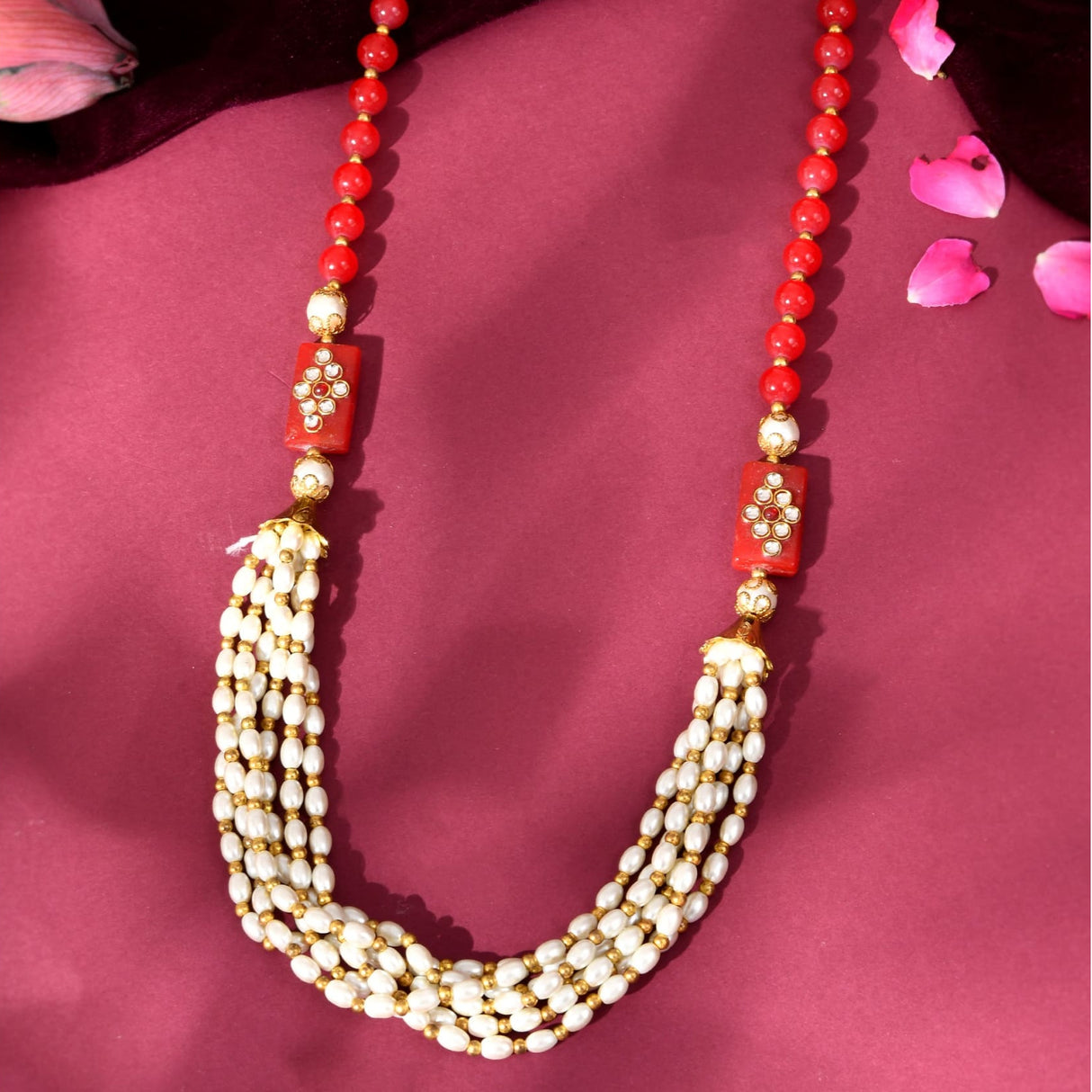 Red and white beaded pearl necklace with gold accents for weddings