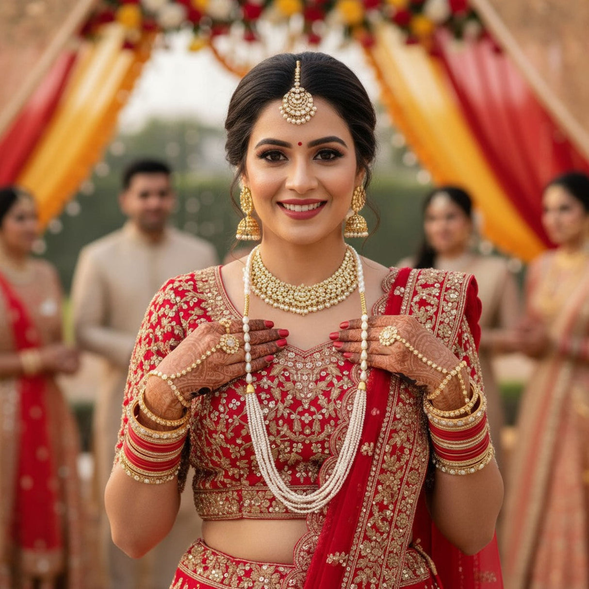 Red and gold embroidered lehenga set with intricate beadwork