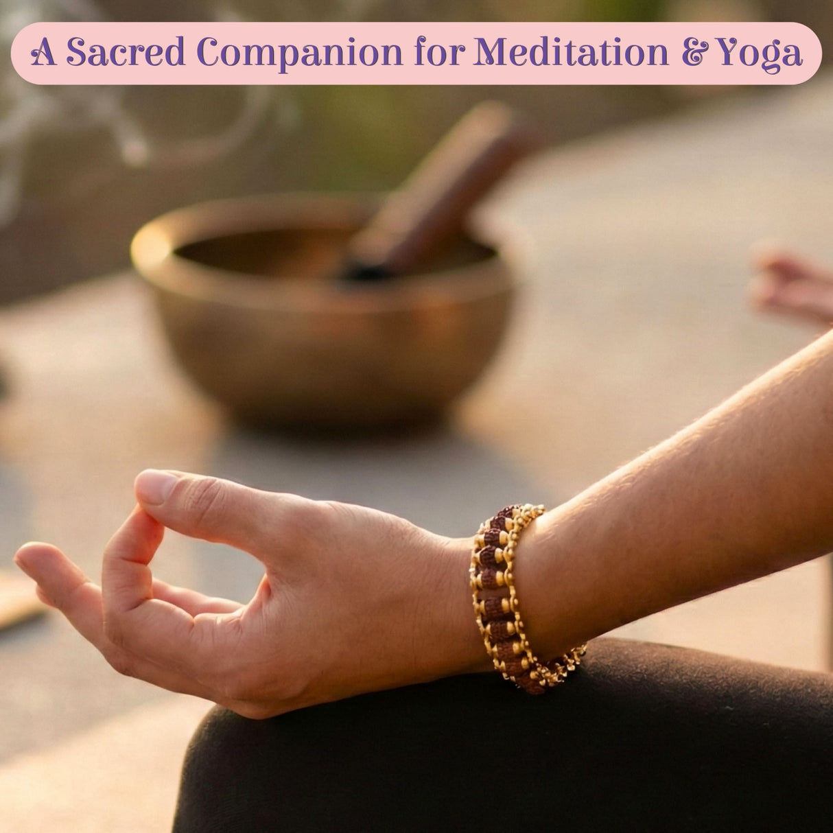 Gold and brown Rudraksha 5-mukhi bead bracelet on wrist